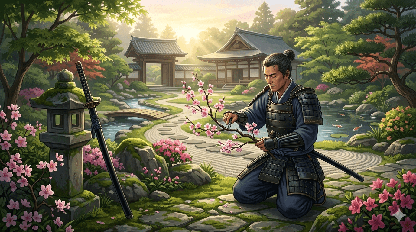 A peaceful samurai tending to a lush garden, symbolizing strength held in reserve
